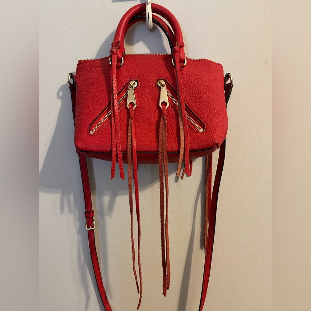 Rebecca Minkoff Leather Micro Moto Satchel Purse Red Tassels - Picture 4 of 14
